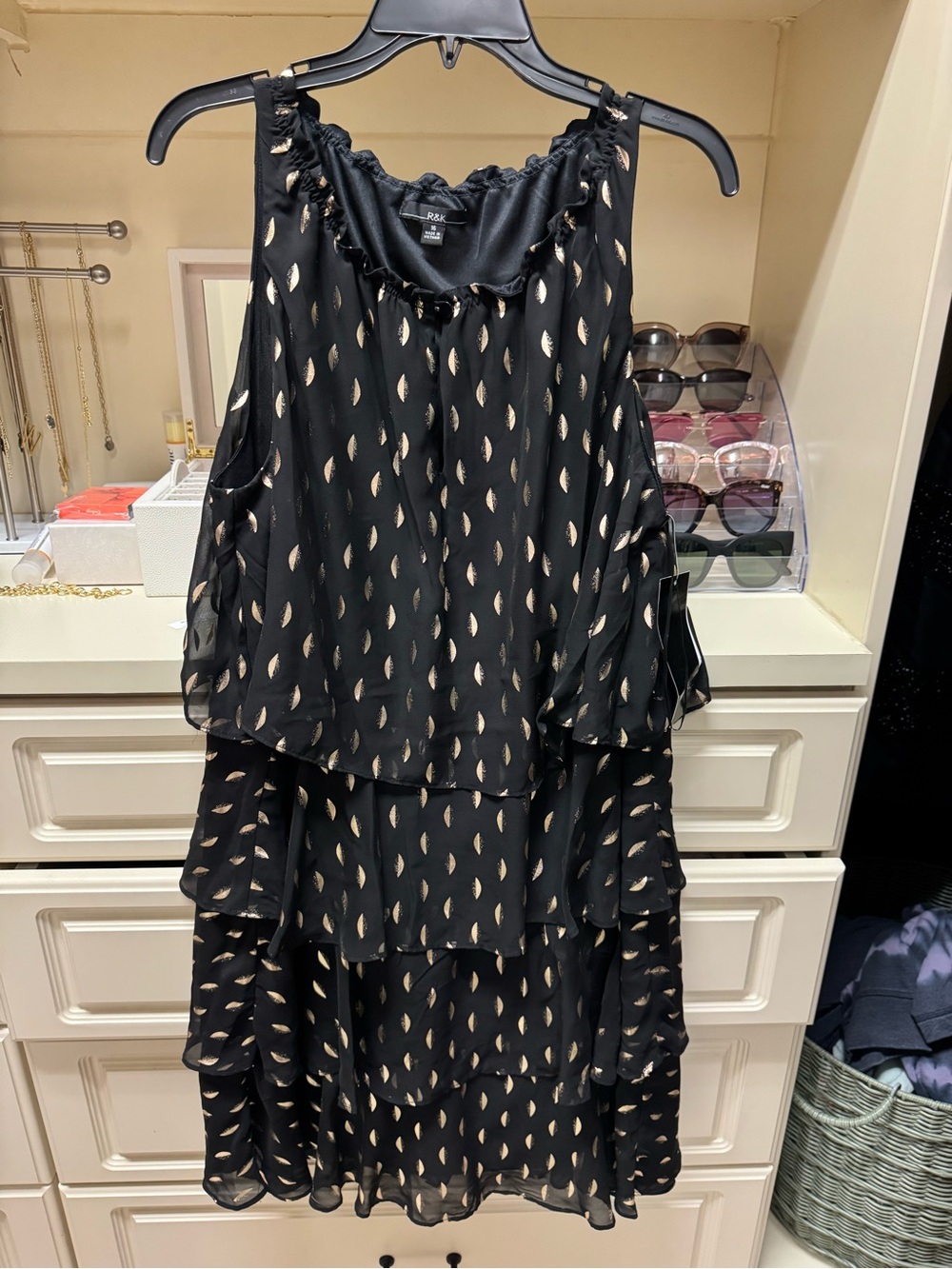 R&K Black Tiered Chiffon Mini Dress with Gold Leaf Print